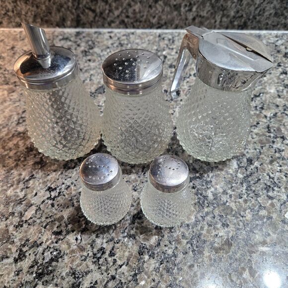 Unbranded Other - Vintage 5 pcs diamond point pressed glass table service set. Salt, pepper, syrup